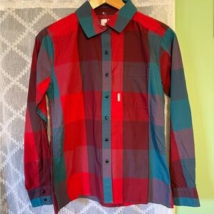Topo Designs Park Shirt Long Sleeve Womens Small Button Up Red Blue Plaid NWT